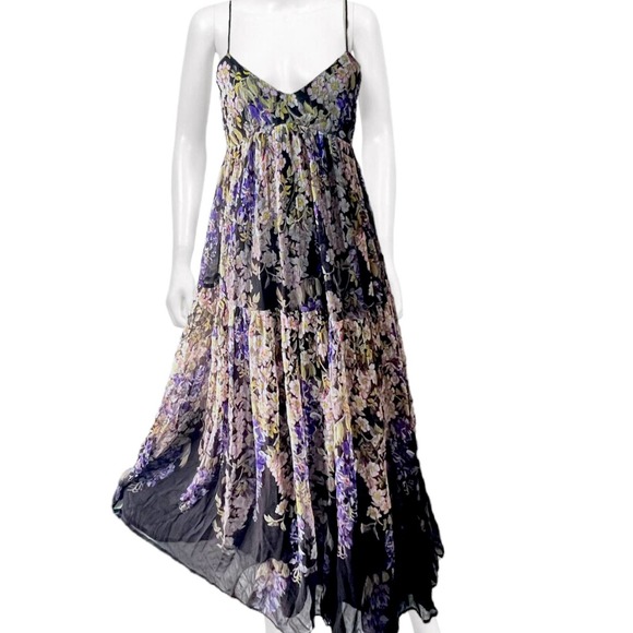 Anthropologie Purple Floral Maxi Patch Layer Strappy V-Neck Black Maxi Dress | 2 - Picture 4 of 12